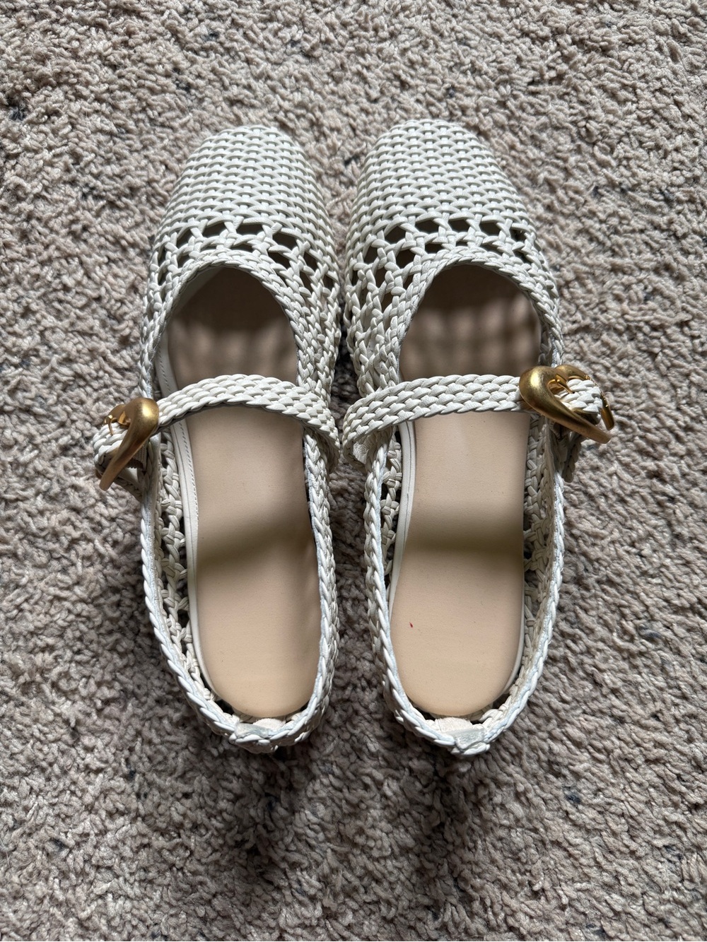 Larroude Woven Mary Jane Flats in White with Gold Accent